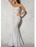 Sparkly Strapless White Sequin Floor Length Wedding Dress